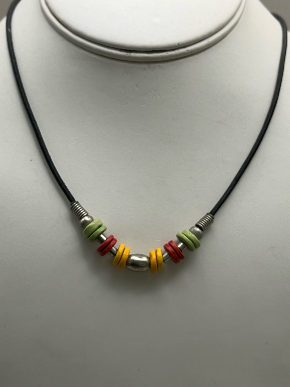 Vintage Modernist Colorful Disc Bead Necklace Black Cord Silver Tone 90s Y2K